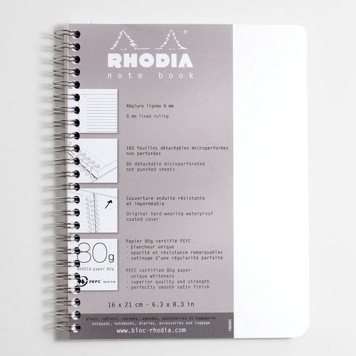 RHODIA Classic Lined Spiral Notebook 80gsm A5+ x 90 White