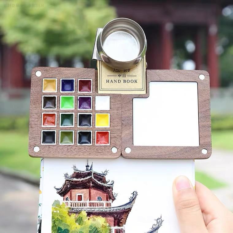 OVJ Wooden Watercolor Travel Palette Natural Color