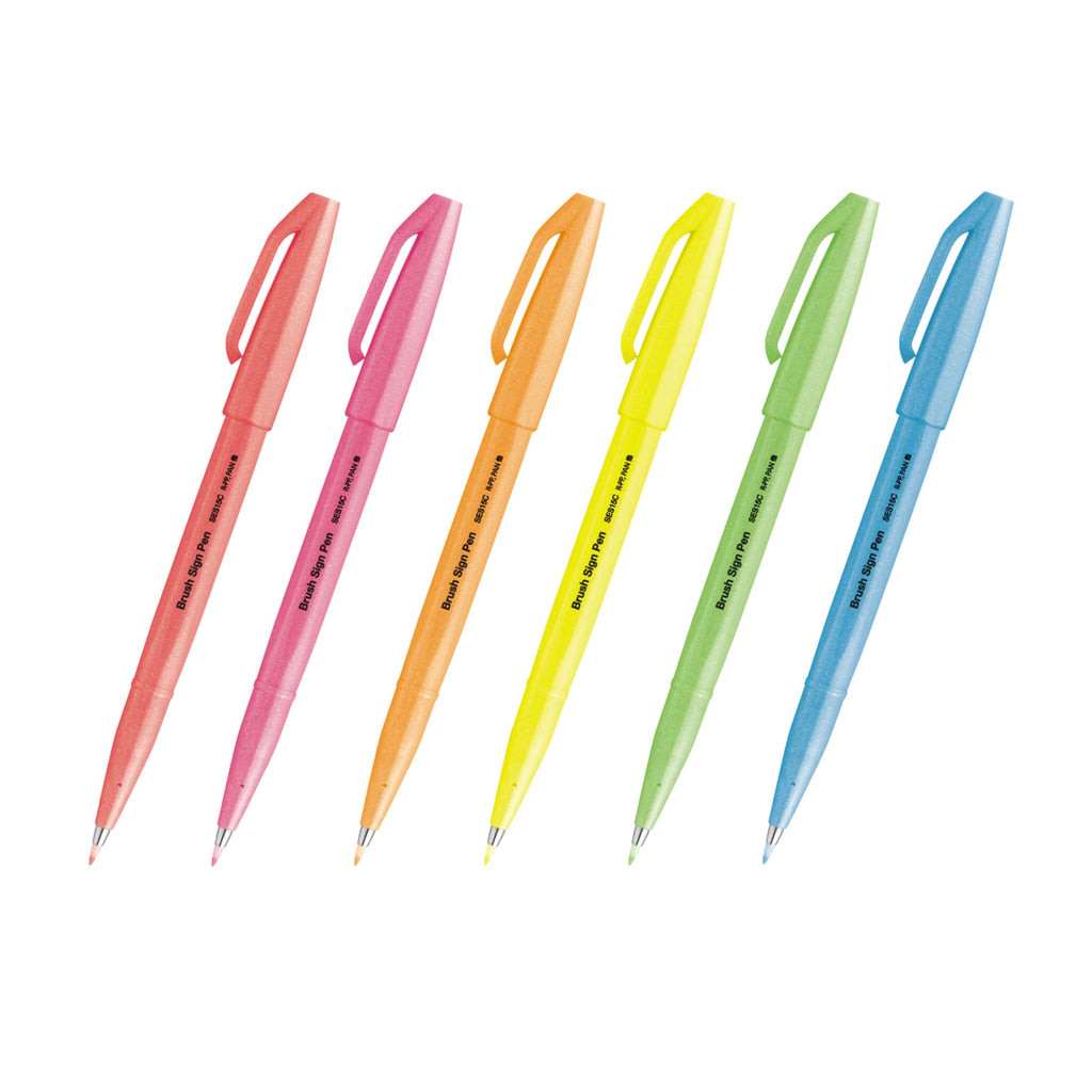 PENTEL Fude Touch Brush Pen Fluorescent Set x 6