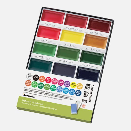 KURETAKE Gansai Tambi Japanese Watercolor Pan Set x 18