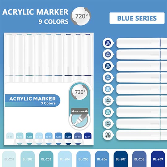 OVJ Languo Acrylic Brush Marker Blue Set x 9