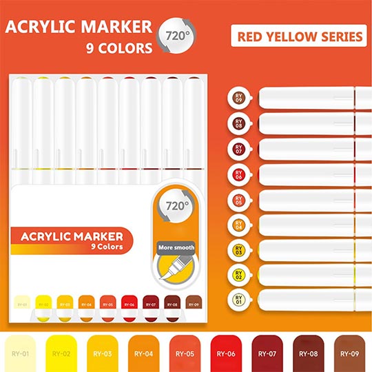 OVJ Languo Acrylic Brush Marker Red Yellow Set x 9
