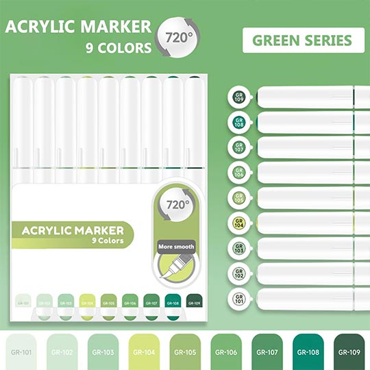OVJ Languo Acrylic Brush Marker Green Set x 9