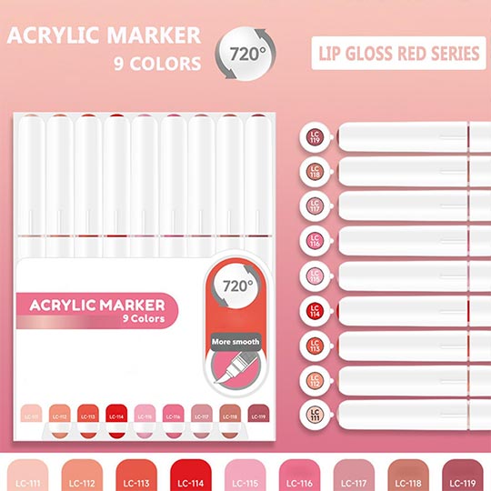 OVJ Languo Acrylic Brush Marker Lip Gloss Red Set x 9