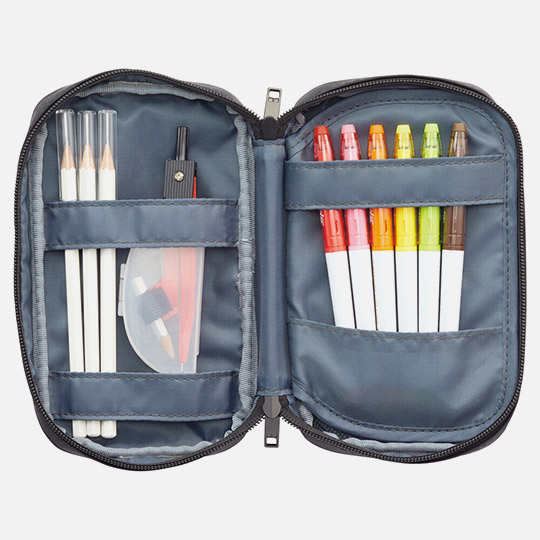 LIHIT LAB. Triple Zipper Pen Case Jet Black