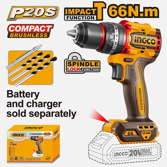 INGCO Compact Brushless Cordless Impact Drill (Battery & Charger Not Included)
