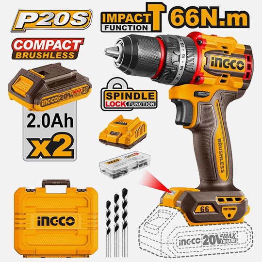 INGCO Compact Brushless Cordless Impact Drill Set