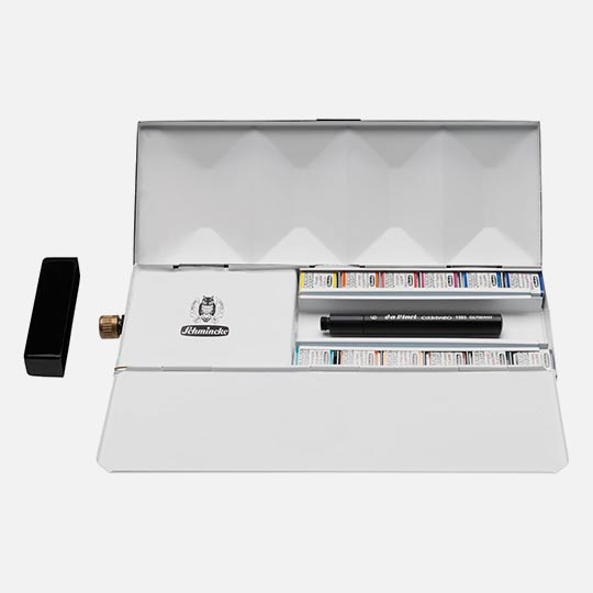 SCHMINCKE Horadam Watercolor 1/2 Pan Set x 12 (Water Tank & Travel Brush Included)