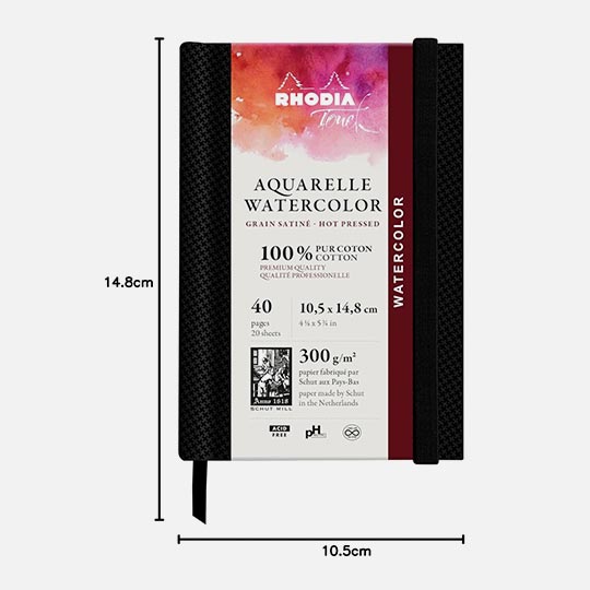 RHODIA Touch 100% Cotton Watercolor Paper Book 300gsm Hot Press Portrait A6 x 20