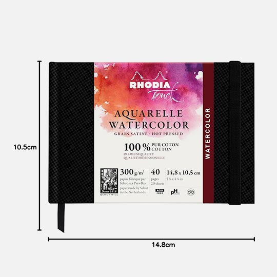 RHODIA Touch 100% Cotton Watercolor Paper Book 300gsm Hot Press Landscape A6 x 20