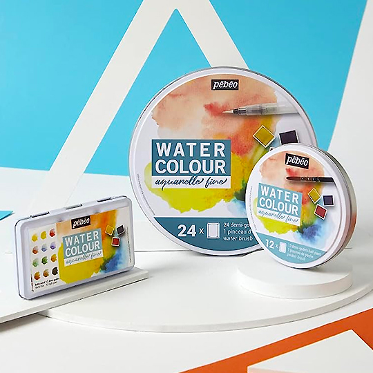 PEBEO Watercolor Paint 1/2 Pan Travel Metal Case Set x 12