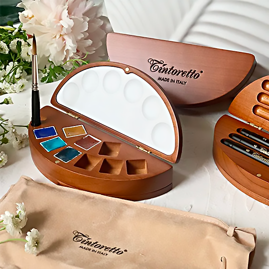 TINTORETTO Cherry Wood 9-Pan Watercolor Travel Case