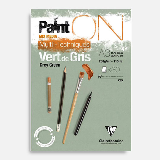 CLAIREFONTAINE Paint On Grey Green Mixed Media Paper Pad 250gsm A3 x 30