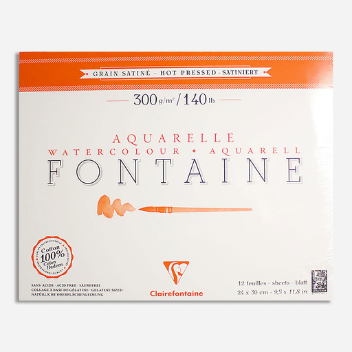 CLAIREFONTAINE Fontaine 100% Cotton Watercolor Paper Pad Hot Press 300gsm 24cm x 30cm x 12