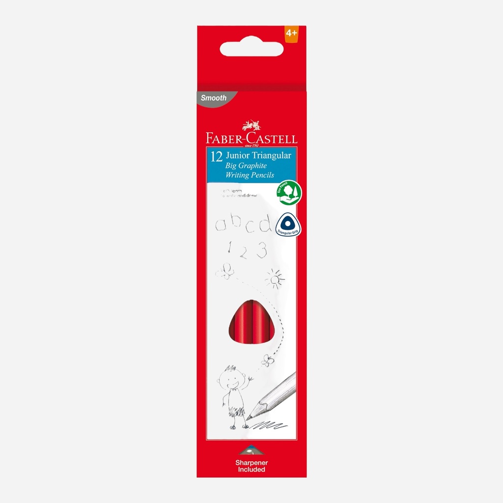 FABER-CASTELL Junior Triangular Big Graphite Writing Pencil 2B x 12 (Sharpener Included)