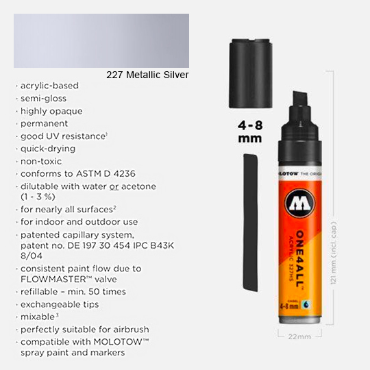 MOLOTOW One4All Acrylic Marker 8mm 227 Metallic Silver