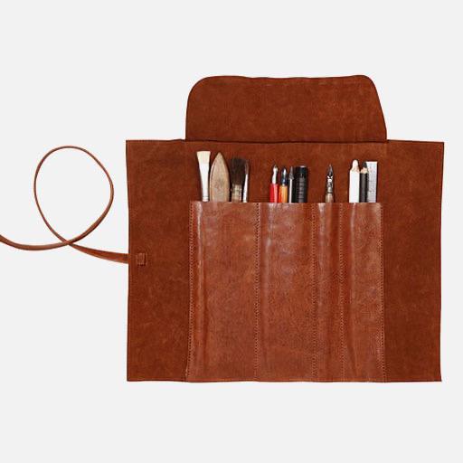 CLAIREFONTAINE Flying Spirit Leather Roll Pen Case Cognac