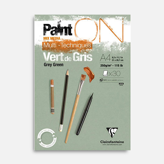 CLAIREFONTAINE Paint On Grey Green Mixed Media Paper Pad 250gsm A4 x 30