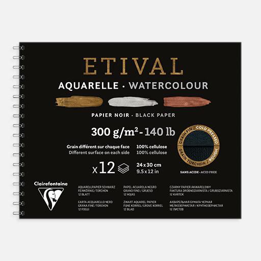 CLAIREFONTAINE Etival Black Watercolor Paper Spiral Pad 300gsm 24cm x 30cm x 12