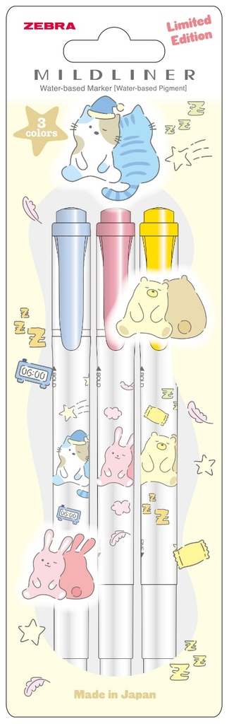 ZEBRA Limited Edition Mildliner Sleeping Animals Fluorescent Set x 3