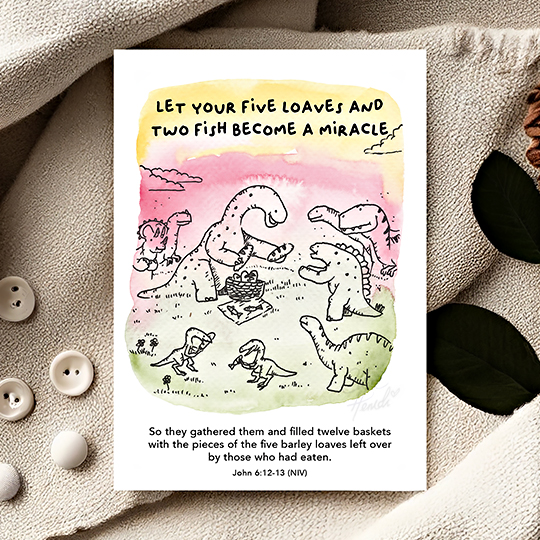 CHEZHEMDI Dino Postcard (The Promises Of God Collection) - Five Loaves & 2 Fish Be A Miracle A6