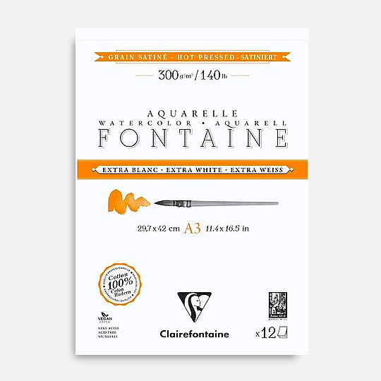 CLAIREFONTAINE Fontaine Extra White Watercolor Paper Pad 300gsm Hot Press A3 x 12