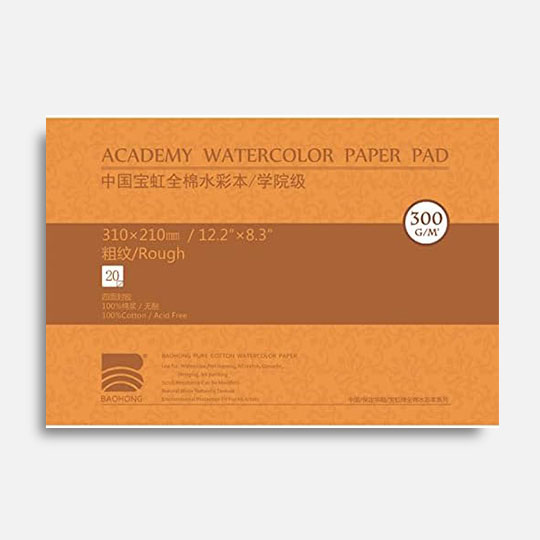 BAOHONG Academy 100% Cotton Watercolor Paper Pad Rough 300gsm 21cm x 31cm x 20