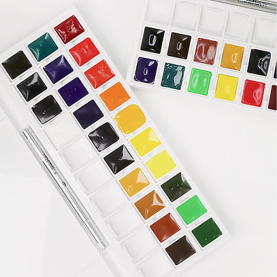 SHINHAN Premium Watercolor 1/2 Pan Set x 24 (Free Travel Brush Included)