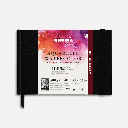 RHODIA Touch 100% Cotton Watercolor Paper Book 300gsm Hot Press Landscape A6 x 20