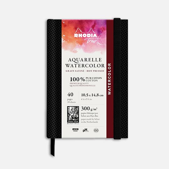 RHODIA Touch 100% Cotton Watercolor Paper Book 300gsm Hot Press Portrait A6 x 20