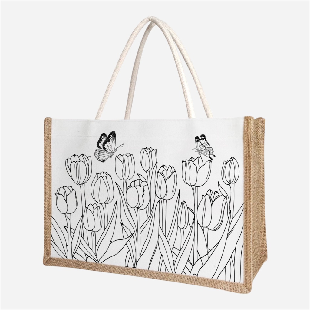 OVJ Spliced Tote Bag Painting Kit 15cm x 22cm x 32cm Butterflies & Tulips (12-Color Paint Pot & Brushes Included)