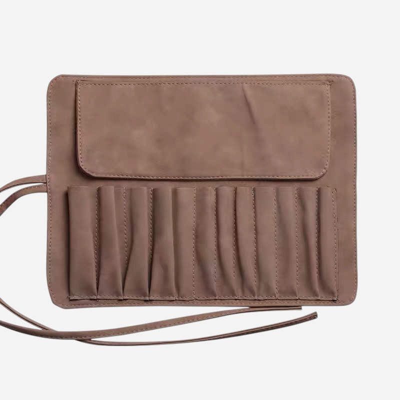OVJ Leather Brush Roll For 12 Brushes Dark Brown