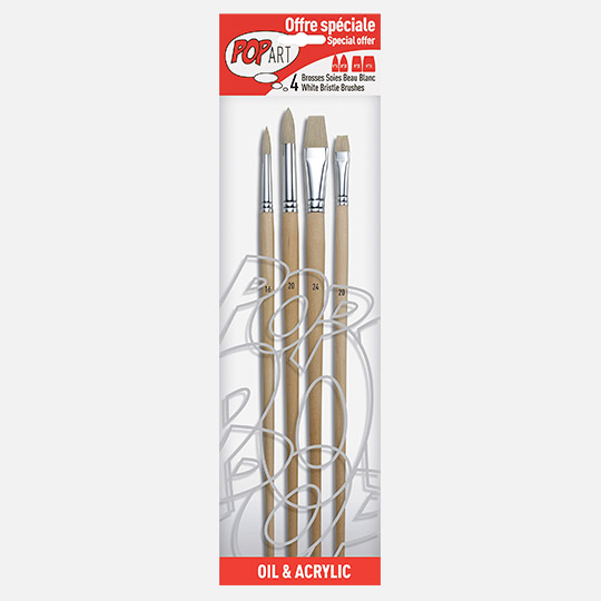 PEBEO Pop Art White Bristle Brush Set x 4 Flat & Round